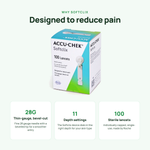 Softclix lancets: 28 gauge bevel-cut, 11 depth settings, 100 sterile lancets