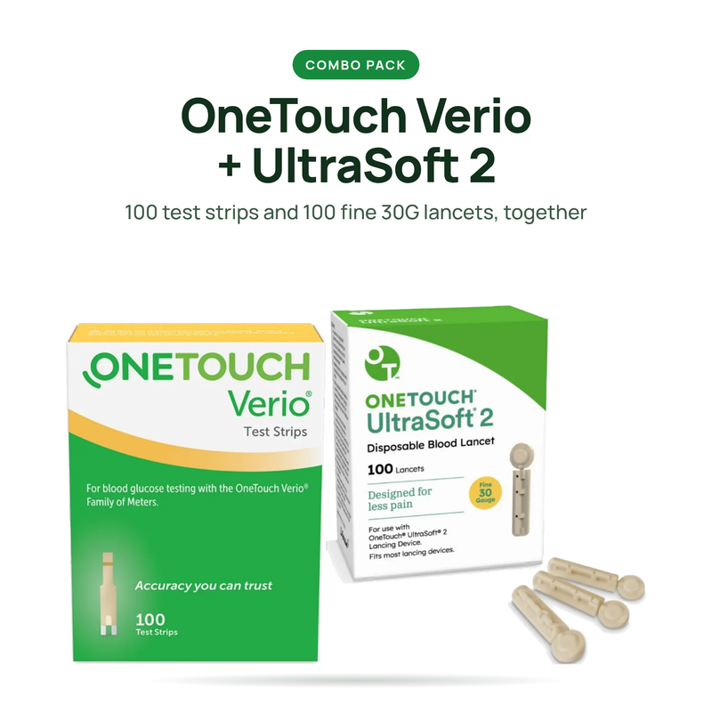 OneTouch Verio 100ct Test Strips + UltraSoft 2 Lancets 100ct Combo