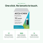 Fastclix lancets: 17 preloaded 6-lancet drums, 30 gauge bevel-cut, 11 depth settings