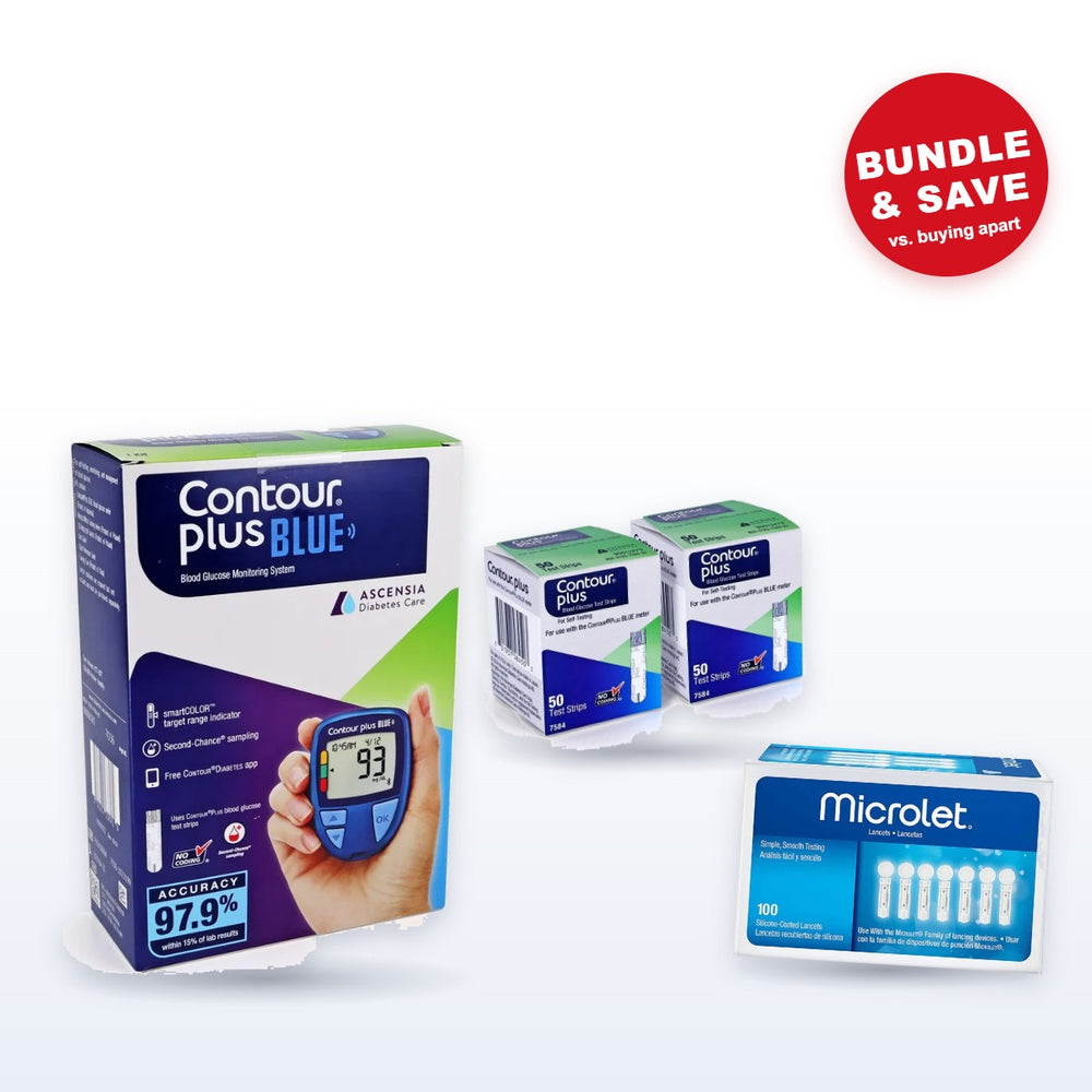 Contour Plus BLUE Starter Kit: meter, 100 test strips and 100 Microlet lancets