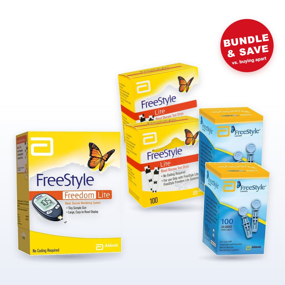 FreeStyle Freedom Lite meter starter kit with 2 boxes of FreeStyle test strips and 2 boxes of lancets