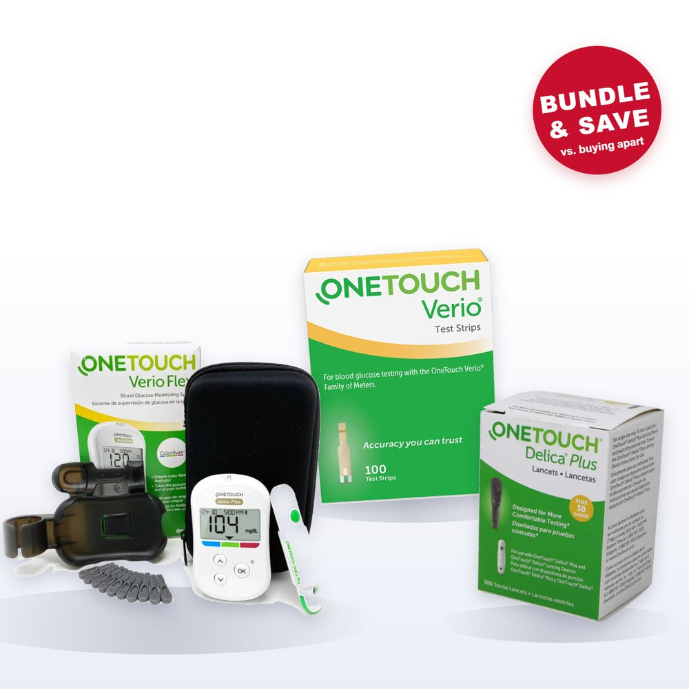 OneTouch Verio Flex meter starter kit with 100 Verio test strips and 100 Delica Plus 30G lancets