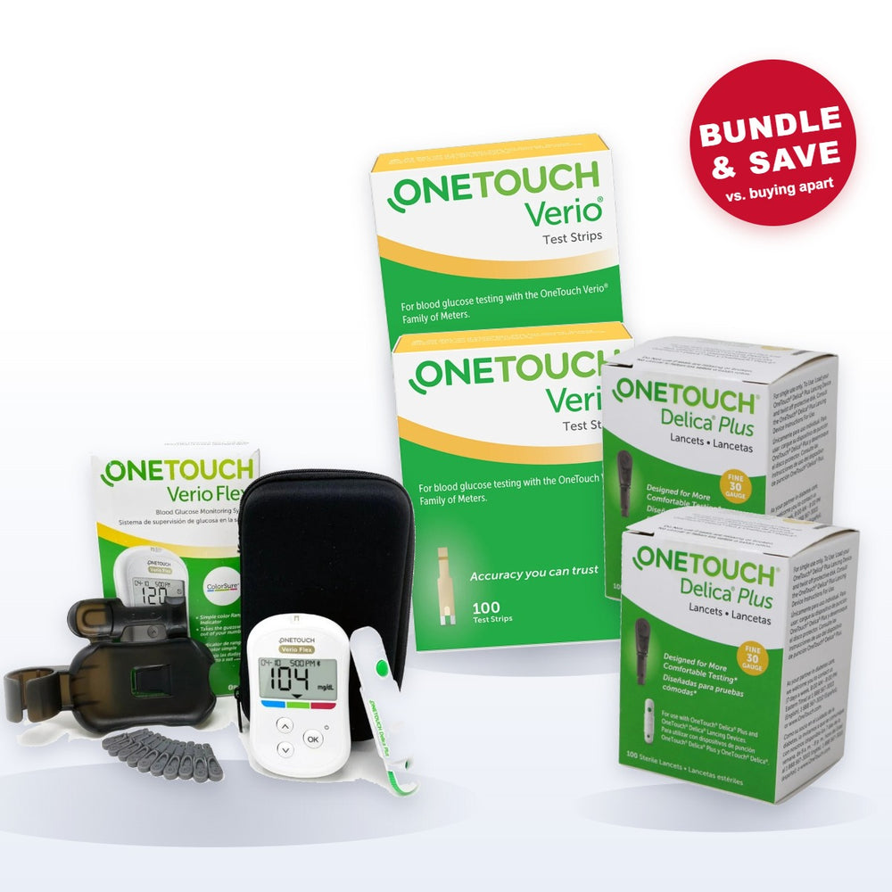 OneTouch Verio Flex meter starter kit with 2 boxes of Verio test strips and 2 boxes of Delica Plus 30G lancets