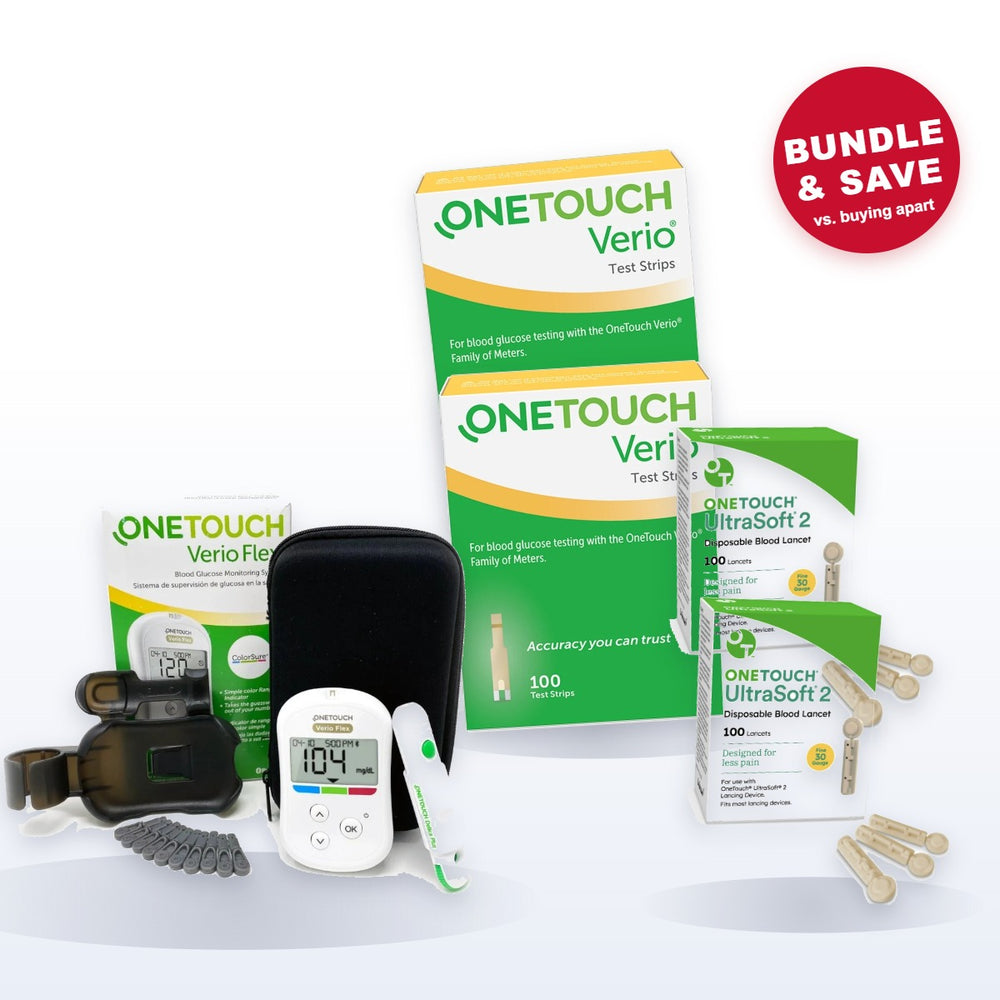 OneTouch Verio Flex meter starter kit with 2 boxes of Verio test strips and 2 boxes of UltraSoft 2 lancets