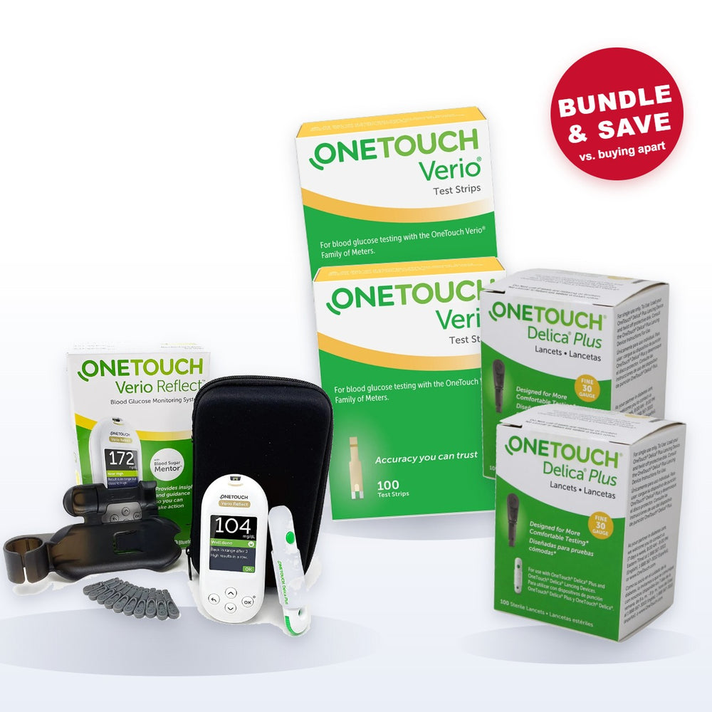 OneTouch Verio Reflect meter starter kit with 2 boxes of Verio test strips and 2 boxes of Delica Plus 30G lancets