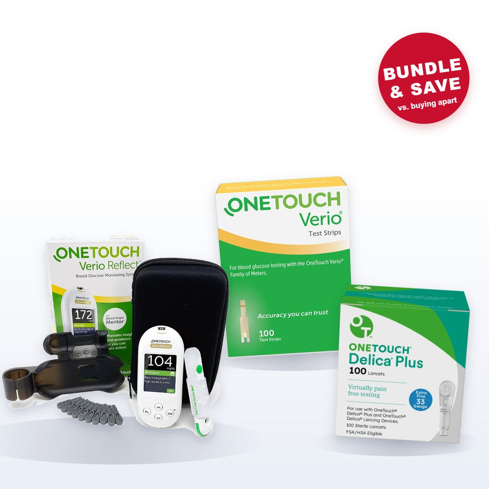 OneTouch Verio Reflect meter starter kit with 100 Verio test strips and 100 Delica Plus 33G lancets