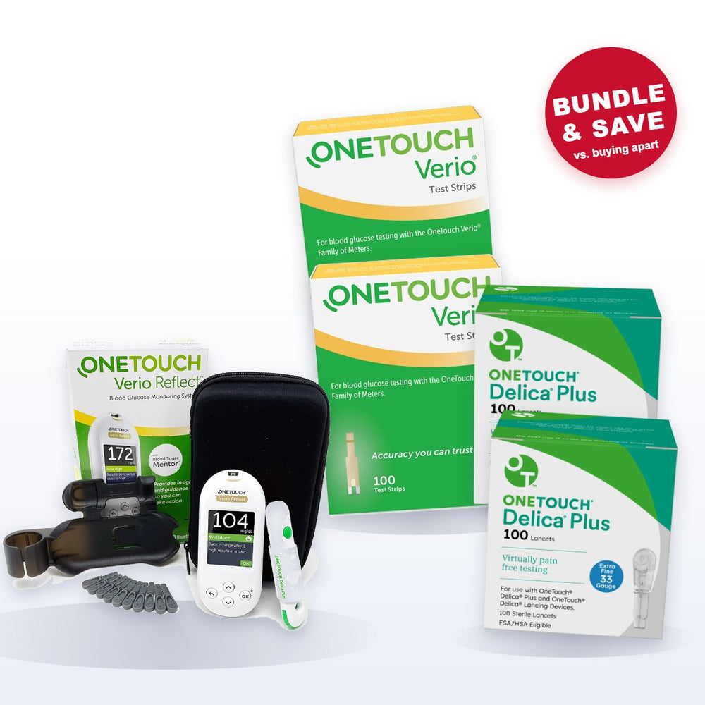 OneTouch Verio Reflect meter starter kit with 2 boxes of Verio test strips and 2 boxes of Delica Plus 33G lancets