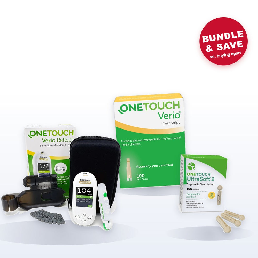 OneTouch Verio Reflect meter starter kit with 100 Verio test strips and 100 UltraSoft 2 lancets