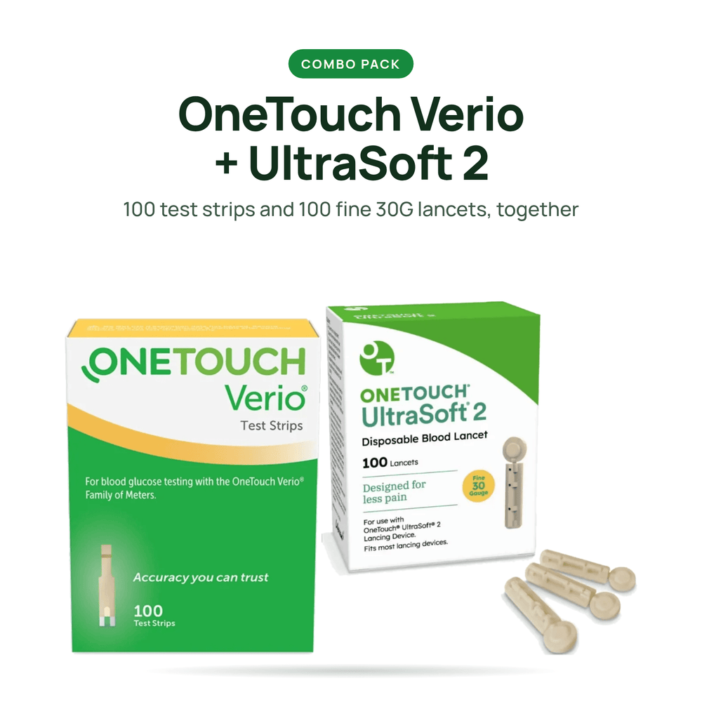 OneTouch Verio 100ct Test Strips + UltraSoft 2 Lancets 100ct Combo - Affordable OTC